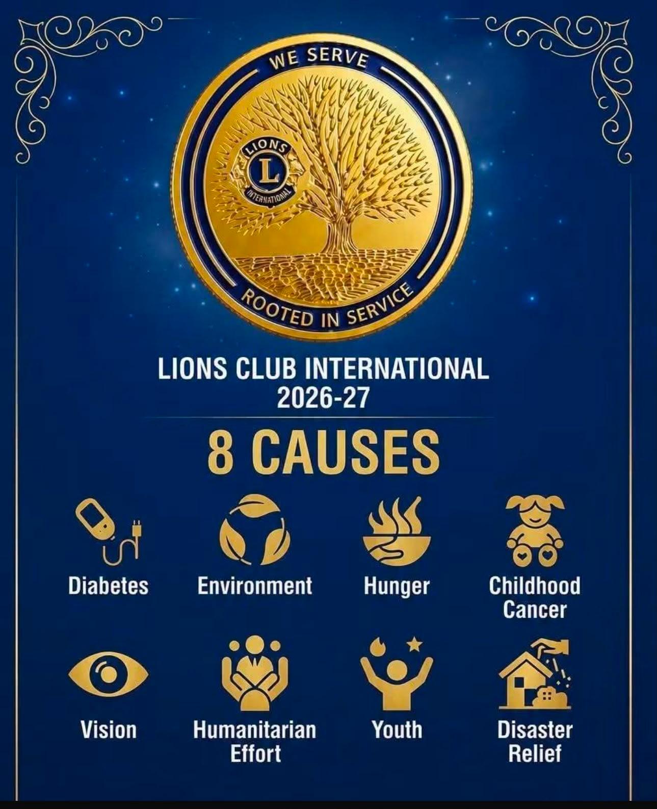 Lions Clubs International 2026–27 infographic — the eight Lions Causes: Diabetes, Environment, Hunger, Childhood Cancer, Vision, Humanitarian Effort, Youth, and Disaster Relief